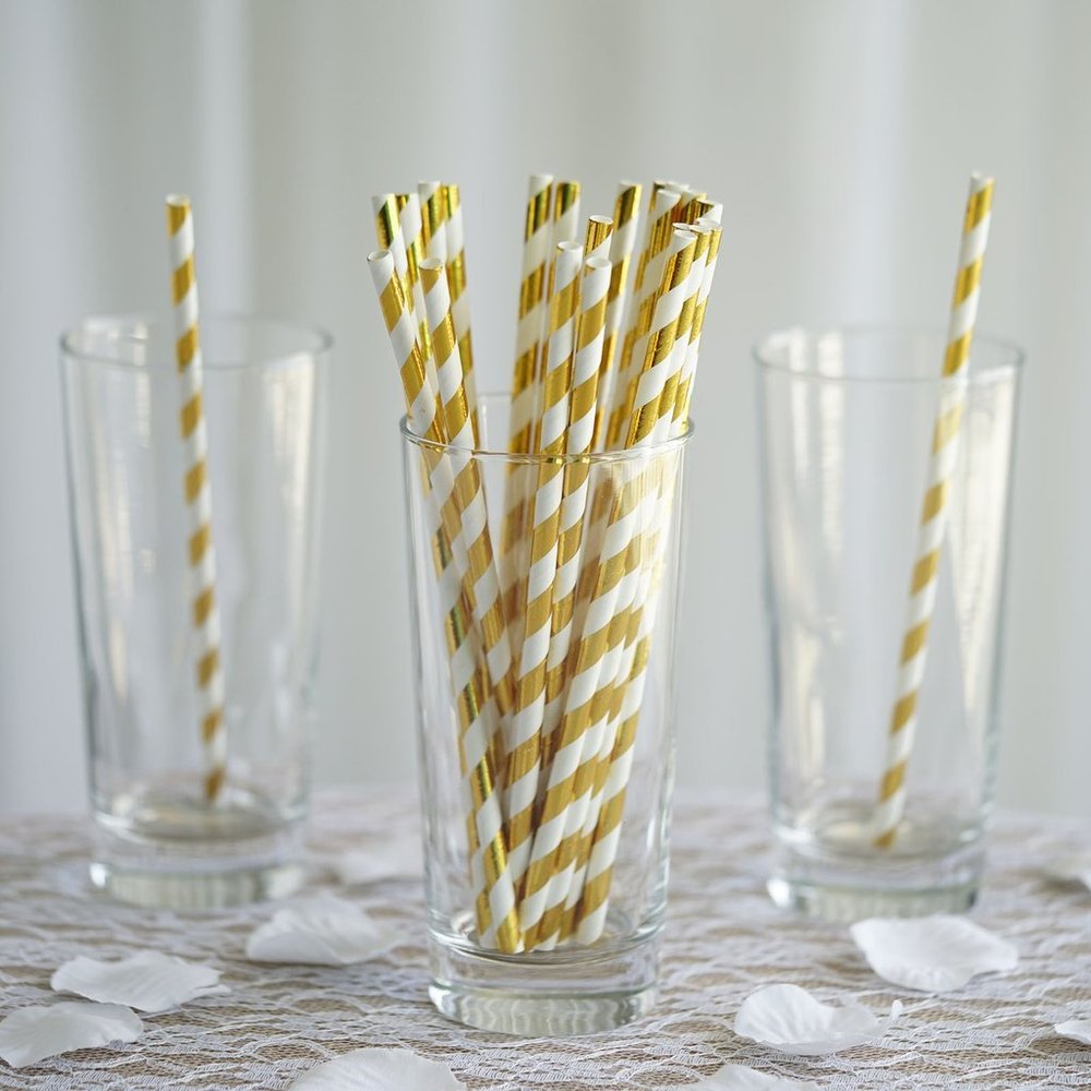 150 pcs 8-Inch Gold and White Striped Paper Straws - Disposable Wedding Party Birthday Event Picnic Supplies