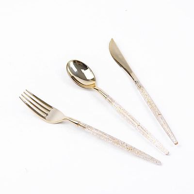 24 Clear Disposable Plastic Cutlery with Gold Glittered Handle Wedding Party Reception Catering Decorations Supplies