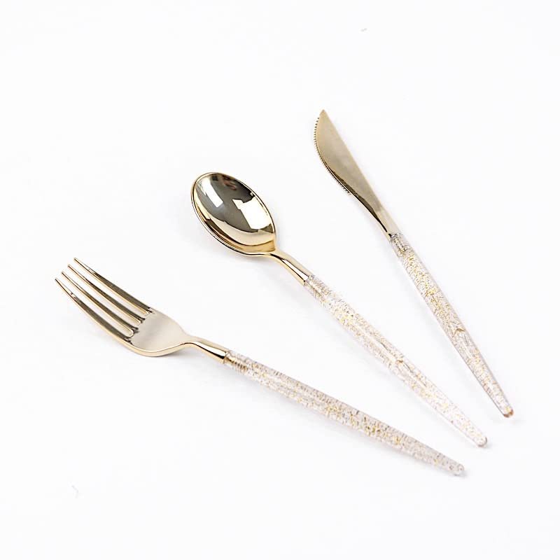 24 Clear Disposable Plastic Cutlery with Gold Glittered Handle Wedding Party Reception Catering Decorations Supplies