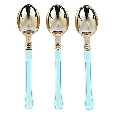 48 7-Inch Metallic Gold Spoons Blue Handle Disposable Plastic Tableware Wedding Reception Party Events Catering Supplies