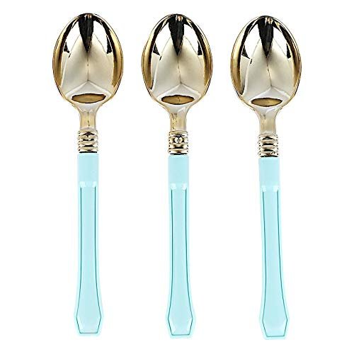 48 7-Inch Metallic Gold Spoons Blue Handle Disposable Plastic Tableware Wedding Reception Party Events Catering Supplies