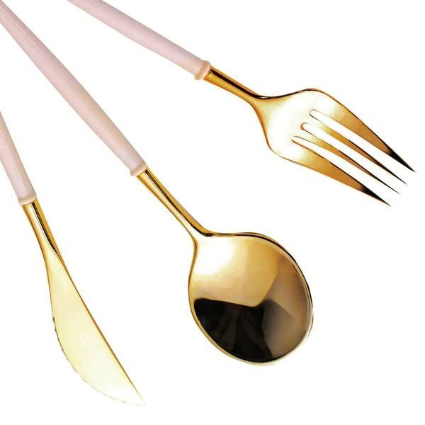 24 Gold Blush Disposable Plastic Cutlery Spoon Fork and Knife Set for Weddings Parties Birthdays Receptions Events Dinnerware Tableware Decorations