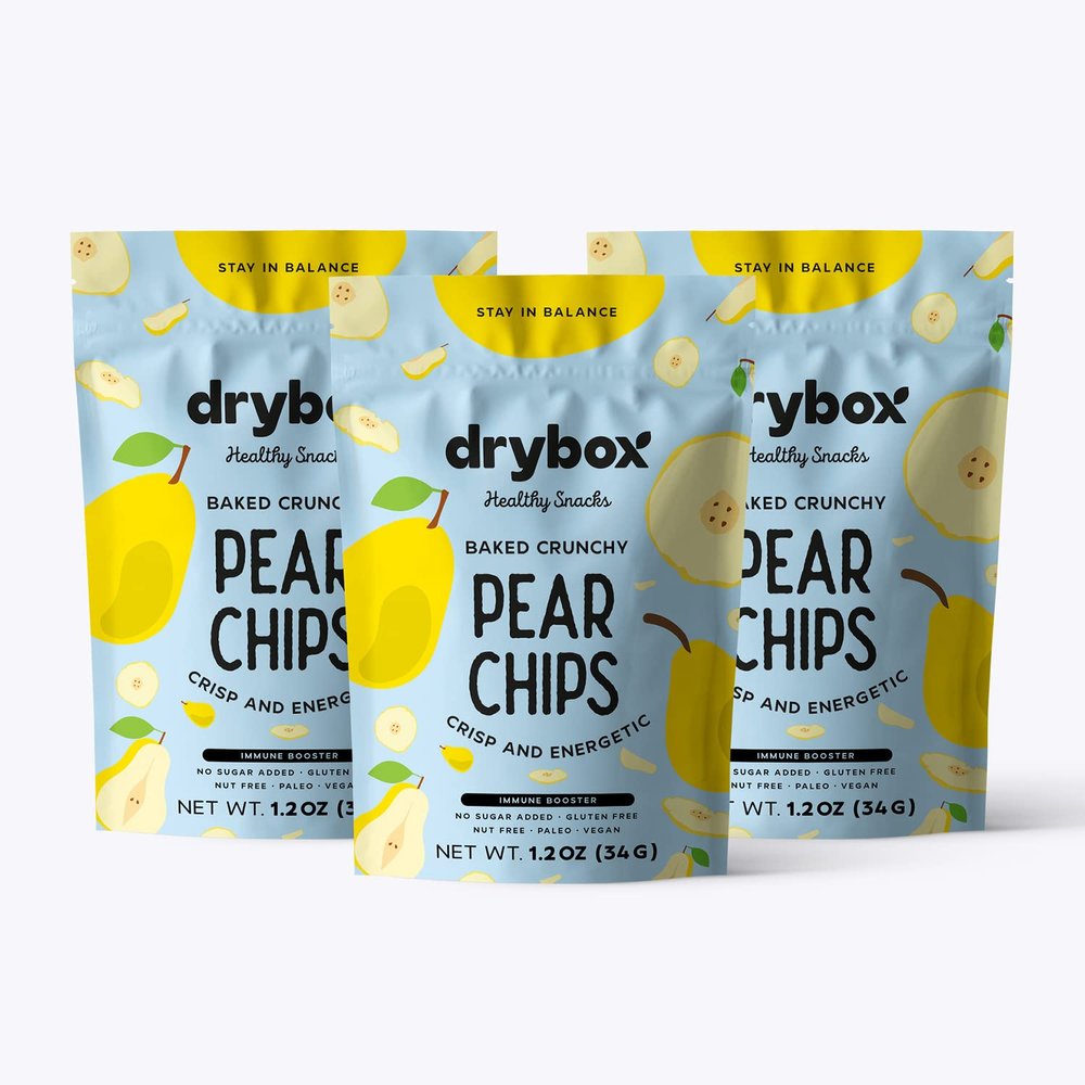 Drybox Pear Chips 3 Pack Thin Sliced Sweet with No Sugar Added | Non GMO, Unpeeled, With the Rind | Gluten Free Kosher Hallal Vegan Keto and Paleo Friendly Snack | 1.2 oz per pack, 3 Pack