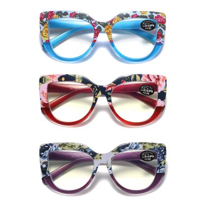 100 CLASSIC 3-Pack Oversized Cat Eye Blue Light Filtering/Anti-Glare Reading Glasses for Women Spring Hinges Floral Pattern Readers Ladies Fashion Eyeglasses (3.00+)