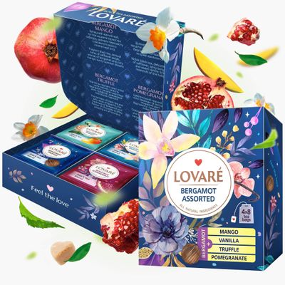 LOVARE Bergamot Assorted Tea Variety Pack 32 Pack, 4 Tastes - Made in Ukraine - Black Tea Bags Individually Wrapped - Assorted Tea Bags Variety Pack with Vanilla, Truffle, Mango, Pomegranate Flavors
