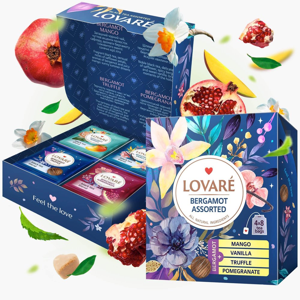 LOVARE Bergamot Assorted Tea Variety Pack 32 Pack, 4 Tastes - Made in Ukraine - Black Tea Bags Individually Wrapped - Assorted Tea Bags Variety Pack with Vanilla, Truffle, Mango, Pomegranate Flavors