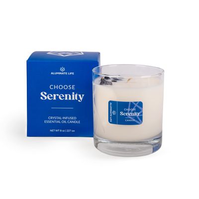 ALUMINATE LIFE Luxury Glass Jar Candle, 8 OZ, Choose Serenity - Sodalite Crystal Infused - Scents of Grass, Cypress, Vanilla & Sandalwood - Calm, Peace, & Untroubled - Coconut Wax, Essential Oils