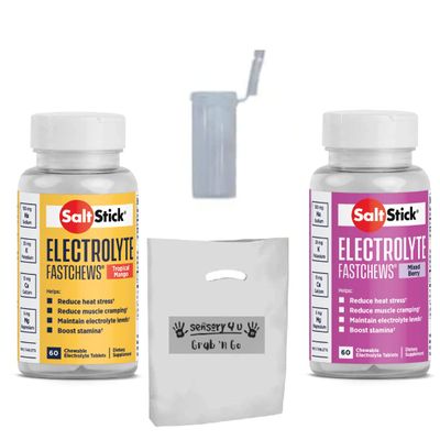 SENSORY4U Grab & Go Gift Set - SaltStick FASTCHEWS Variety 2-Pack - 60 Count Bottles of Tropical Mango & Mixed Berry with Race Ready Tube