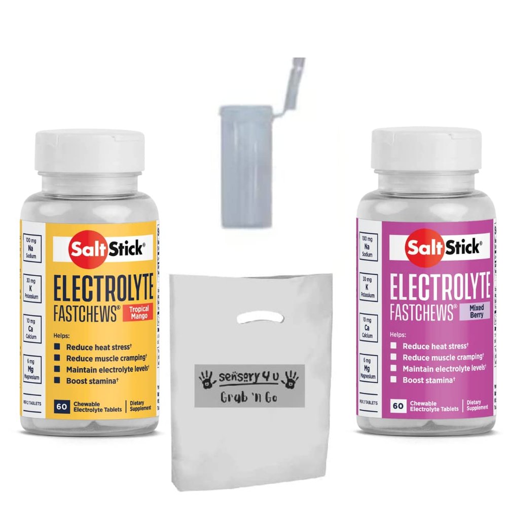 SENSORY4U Grab & Go Gift Set - SaltStick FASTCHEWS Variety 2-Pack - 60 Count Bottles of Tropical Mango & Mixed Berry with Race Ready Tube