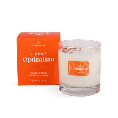 ALUMINATE LIFE Luxury Glass Jar Candle, 8 OZ, Choose Optimism - Carnelian Crystal Infused - Honeysuckle, Orange, Kumquat & Cedar - Hope, Coconut Wax, Essential Oilsonfidence, & Success - C