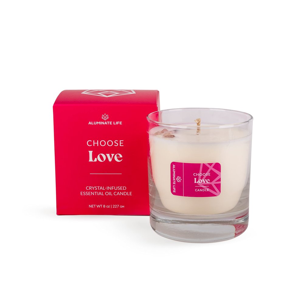 ALUMINATE LIFE Luxury Glass Jar Candle, 8 OZ, Choose Love - Valentine's Day Gift Rose Quartz Crystal Infused - Scents of Jasmine, Magnolia, Oakmoss & Cedarwood - Intense & Deep Affection