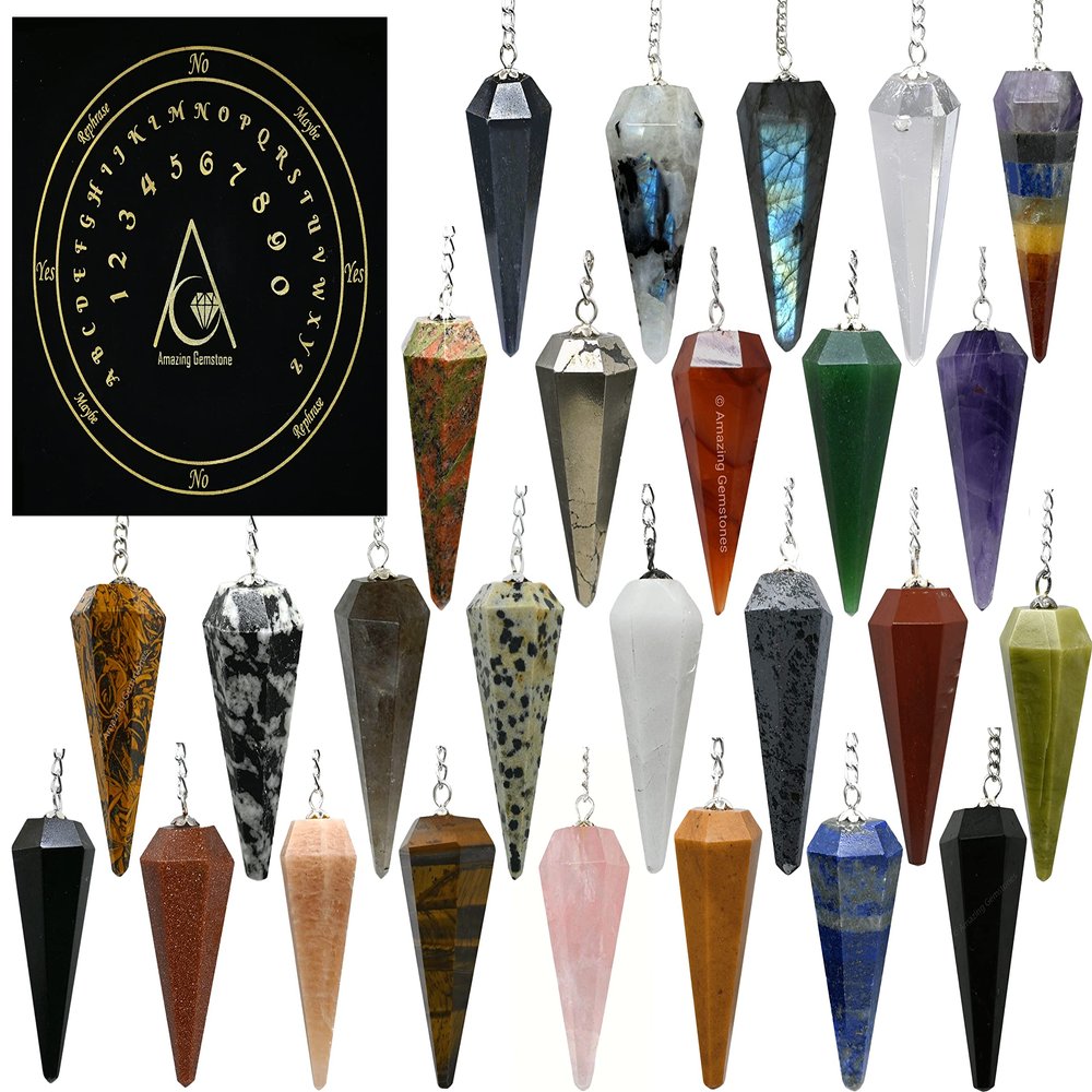 Amazing Gemstone Pack of 11 Crystal Pendulums Bulk Set with Pendulum Board - Wholesale Bulk Crystals
