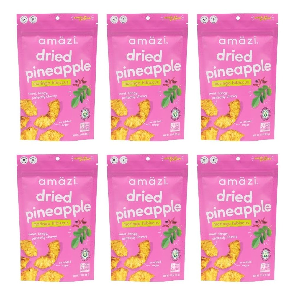 Amzi Foods | Dried Pineapple - Moringa Hibiscus (6 Pack) | All Natural Snacks | No Sugar Added Dried Pineapple | Dehydrated Fruit