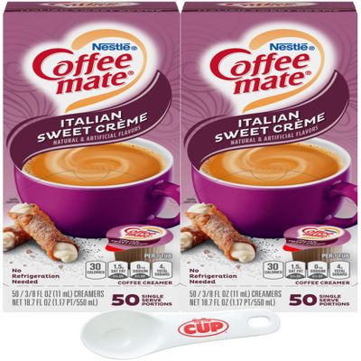Nestle Coffee mate Liquid Coffee Creamer Singles, Italian Sweet Crme, 50 Ct Box (Pack of 2) with By The Cup Coffee Scoop