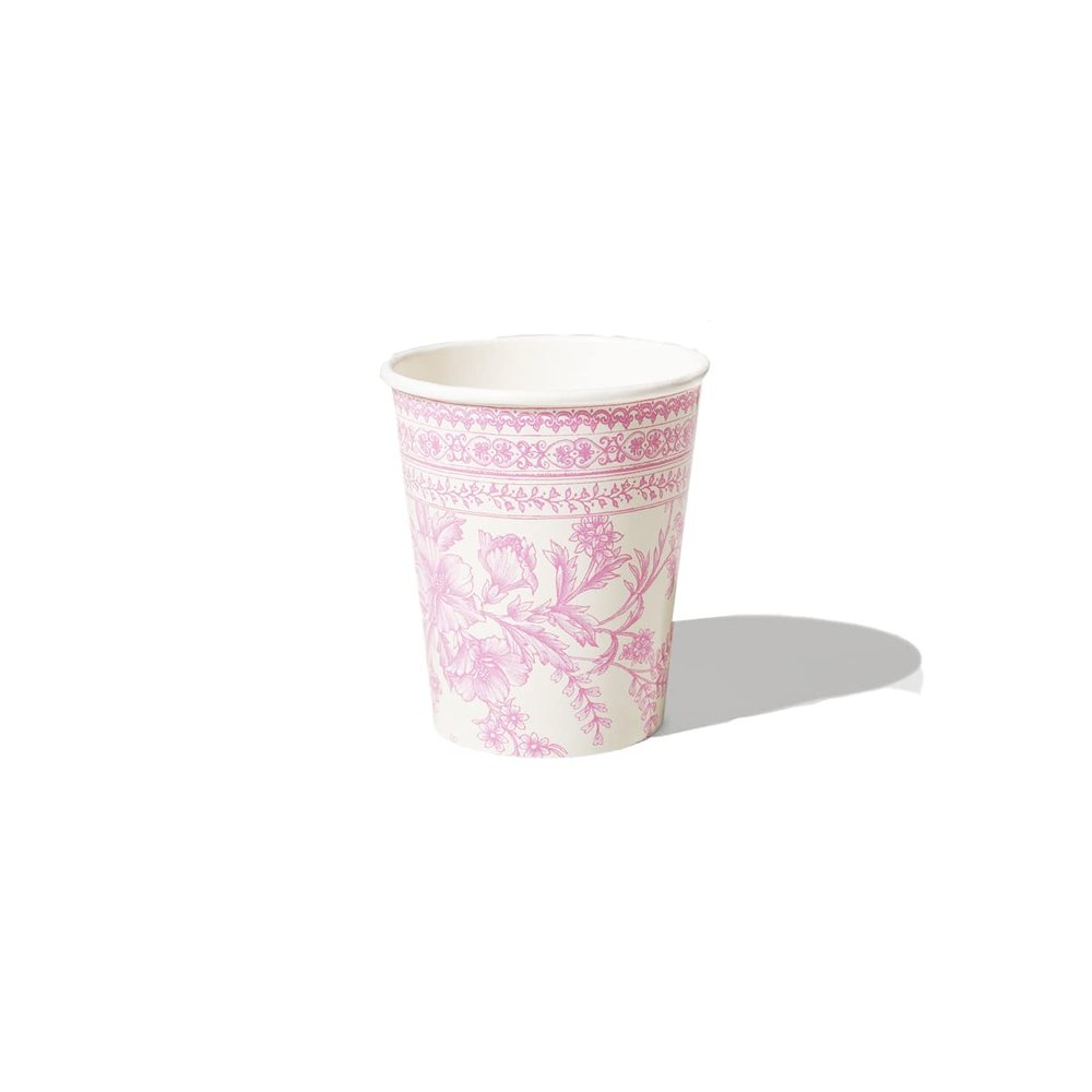 Coterie Pink Toile Paper Cups (Set of 10) - Decorative & Durable Disposable Cups for Bridal Party, Birthday Party, Baby Shower, Tea Party, Spring & Summer Gatherings | 9oz Paper Party Cups
