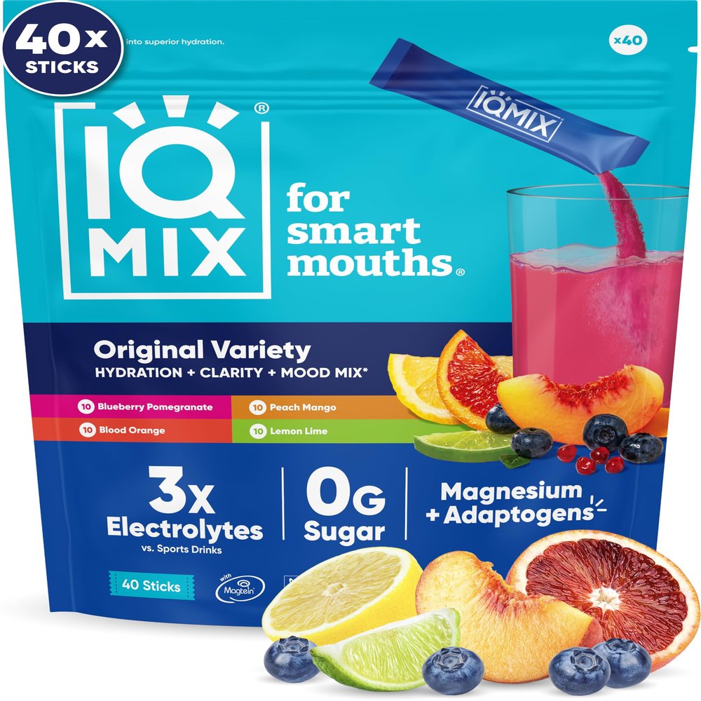 IQMIX Hydration Electrolyte Powder  4-in-1 Formula for Hydration, Mental Clarity, Mood and Recovery  Sugar-Free Drink Mix, Keto, Magnesium L-Threonate, Lions Mane  40 Count Variety Pack