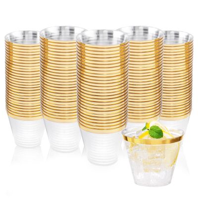 Nervure 120PCS Gold Plastic Cups - 9Oz Gold Rimmed Plastic Cups - Heavy Duty Disposable Clear Cup with Gold Rim Perfect for Weddings, Receptions & Parties