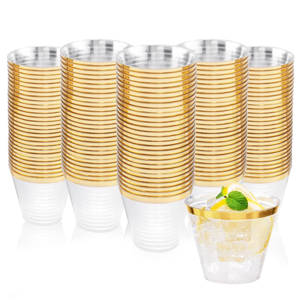 Nervure 120PCS Gold Plastic Cups - 9Oz Gold Rimmed Plastic Cups - Heavy Duty Disposable Clear Cup with Gold Rim Perfect for Weddings, Receptions & Parties