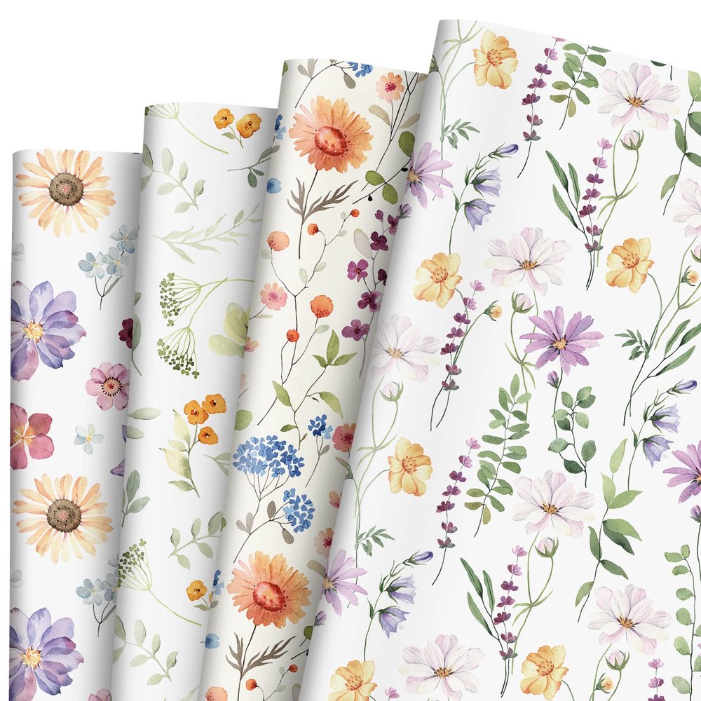 AnyDesign Floral Wrapping Paper Wild Flowers Gift Wrap Paper Bulk Decorative Flower Plants Art Paper for Wedding Birthday Baby Shower DIY Craft Gift Packing, 19.7 x 27.6 Inch, Folded Flat, 8 Sheet