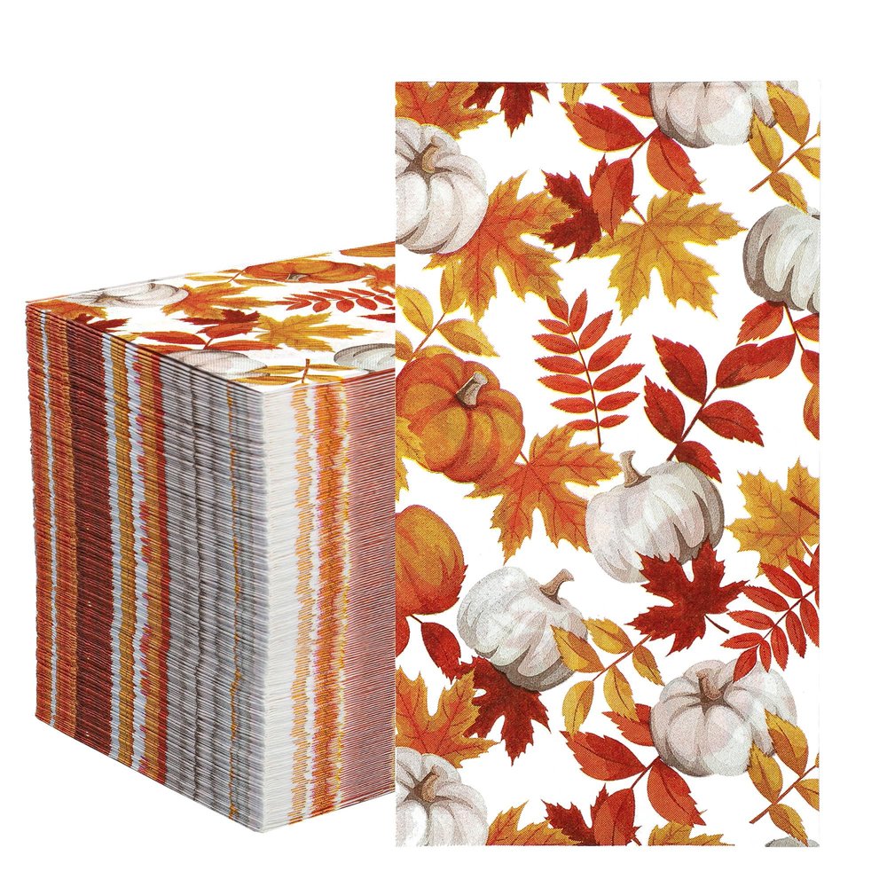 120 Pieces Fall Paper Napkins Pumpkin Maple Leaves Guest Napkin Fall Decorative Napkins Disposable Hand Towels for Thanksgiving Autumn Harvest Party Supplies Bathroom Table Decor, 7.8 x 4.3 Inch