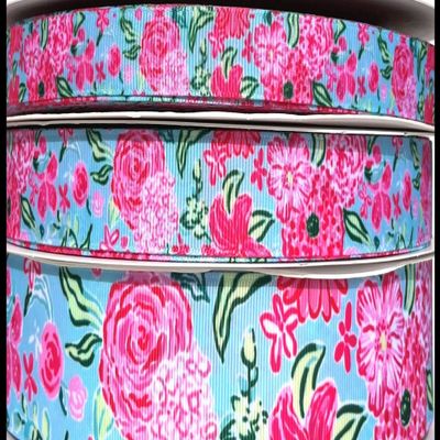 3yds 5/8" 7/8" or 1.5" Pink Blue Roses Lily Peony Floral Grosgrain Ribbon (7/8")