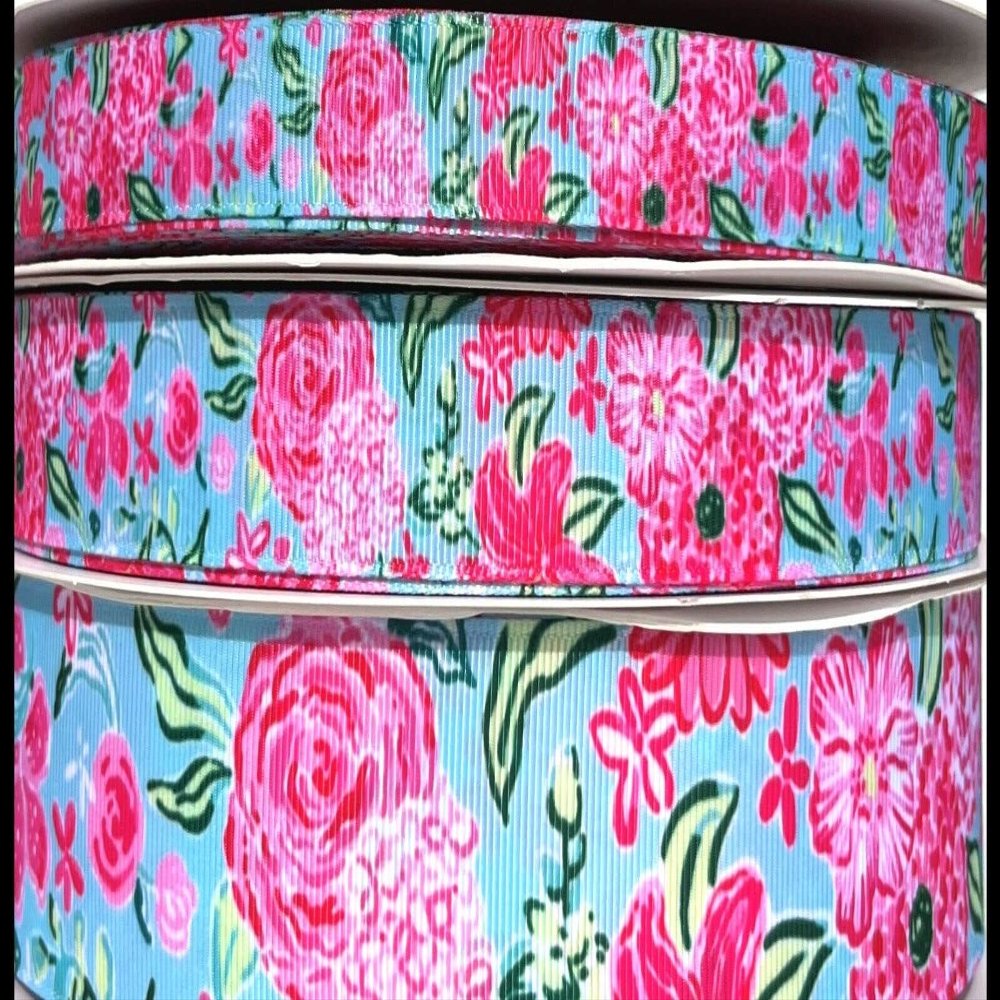 3yds 5/8" 7/8" or 1.5" Pink Blue Roses Lily Peony Floral Grosgrain Ribbon (7/8")
