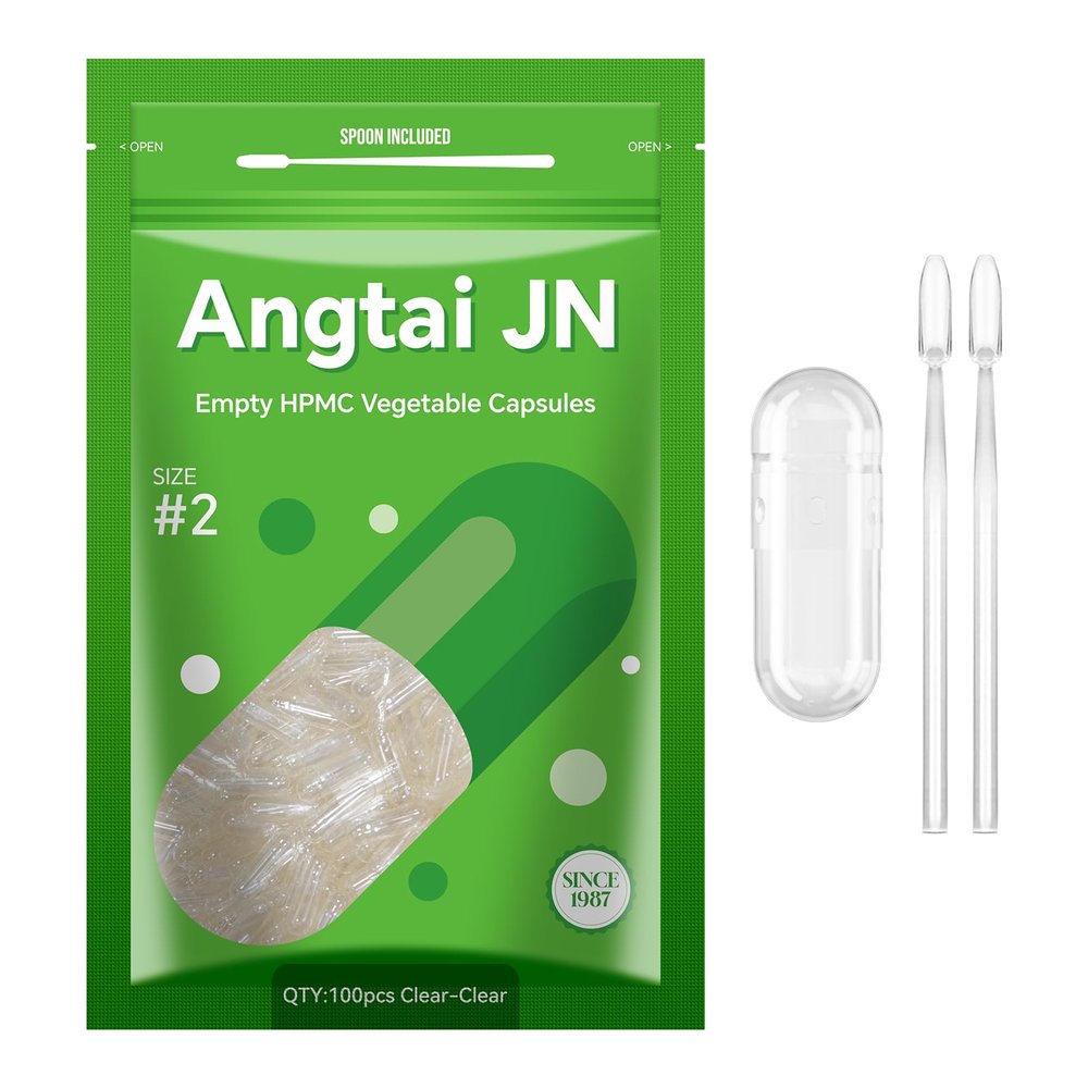 Angtai JN Vegan Empty Pill Capsules Size 2 Plant Based Clear (100 Count) Gluten Free, Non-GMO, Halal Certified Caps Filling Kit with 2 Spoons for Vegetarian DIY Your Own Supplements