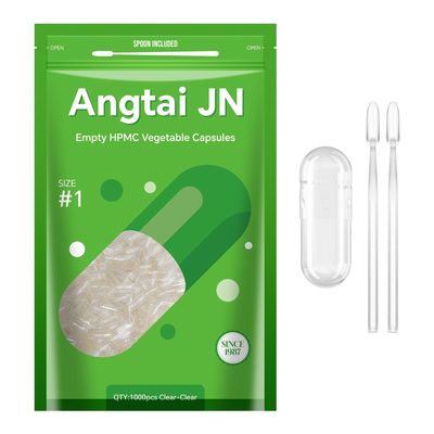 Angtai JN Size 1 Empty Capsules Vegan Plant Based Clear (1,000 Count) Gluten Free, Non-GMO, Halal Certified Pill Caps Filling Kit with 2 Spoons for Vegetarian DIY Your Own Supplements