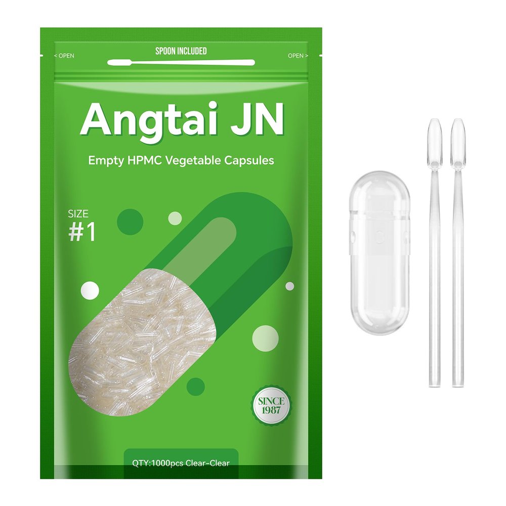 Angtai JN Size 1 Empty Capsules Vegan Plant Based Clear (1,000 Count) Gluten Free, Non-GMO, Halal Certified Pill Caps Filling Kit with 2 Spoons for Vegetarian DIY Your Own Supplements