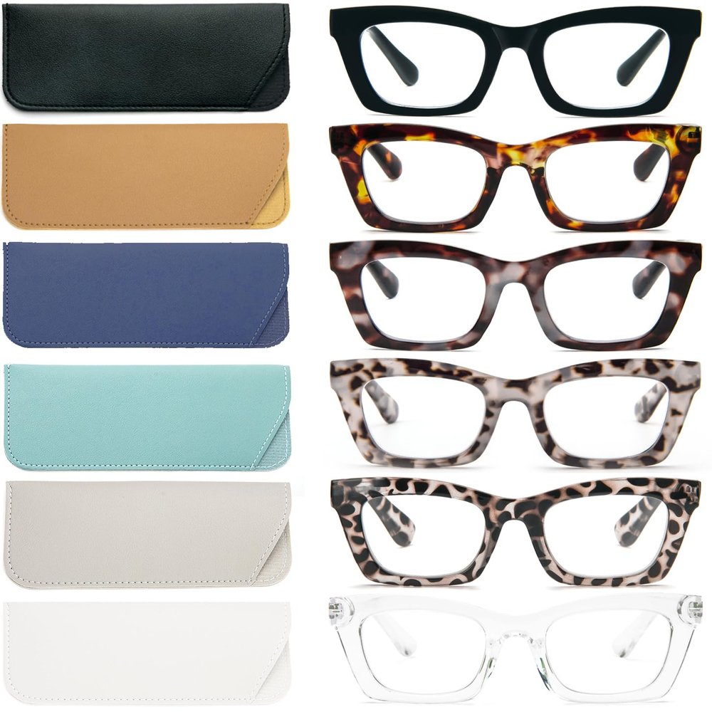 REAVEE 6 Pack Oprah Style Reading Glasses for Women Men Blue Light Blocking, Cute Square Computer Readers with Spring Hinge, 2.0