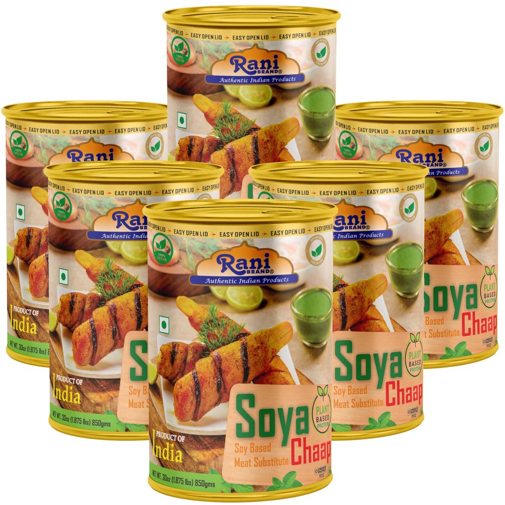 Rani Soya Chaap (Plant Based Protein) 30oz (1.875lbs) 850g, Pack of 6 ~ Easy Open Lid | All Natural | Vegan | No Colors | NON-GMO | Kosher | Indian Origin | Soy Based Meat Substitute