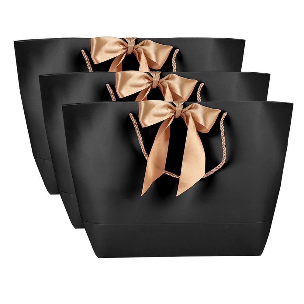 10Pcs Black Gift Bags with Handles,Thank You Gift Bags with Gold Handles,Party Favor Bags with Bow Ribbon,Black Paper Bags for Birthday Wedding(M)