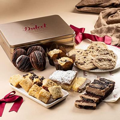 Dulcet Gift Baskets Baked Goods Gift Boxes  Luxurious Dessert Gift Basket Tin  Gourmet Desserts Fresh Bakery with Whoopie Pies, Muffins, Cookies, Crumb Cake  Delicious Pastry Gift Set  3.5lbs