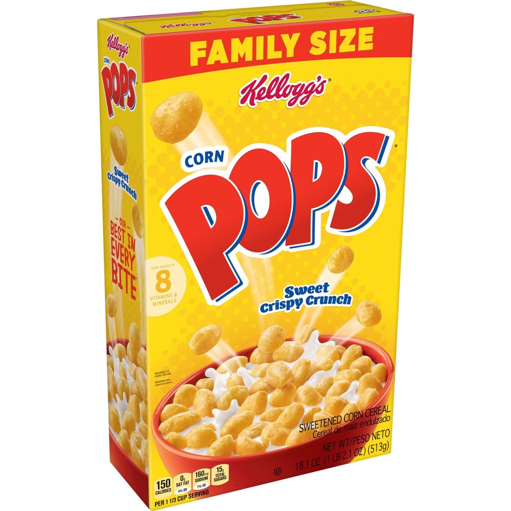 Corn Pops Breakfast Cereal, 8 Vitamins and Minerals, Kids Snacks, Original, Family Size (12 Boxes)