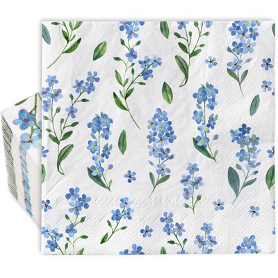 AnyDesign 80 Pack Blue Floral Luncheon Napkins Disposable Watercolor Flower Paper Napkin Forget-Me-Not Myosotis Sylvatica Dessert Dinner Hand Napkin for Party Supplies Decor, 6.5 x 6.5 Inch