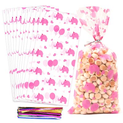 COQOFA 100 Pcs 5"X11" Gift Wrap Cello Cellophane Treat Bags Party Favor bag Clear Candy Cookie Bag Plastic Poly Goodie Storage Bags with Twist Ties for Baby Shower, Birthday, Wedding ,Party Decorations(Pink Elephant)