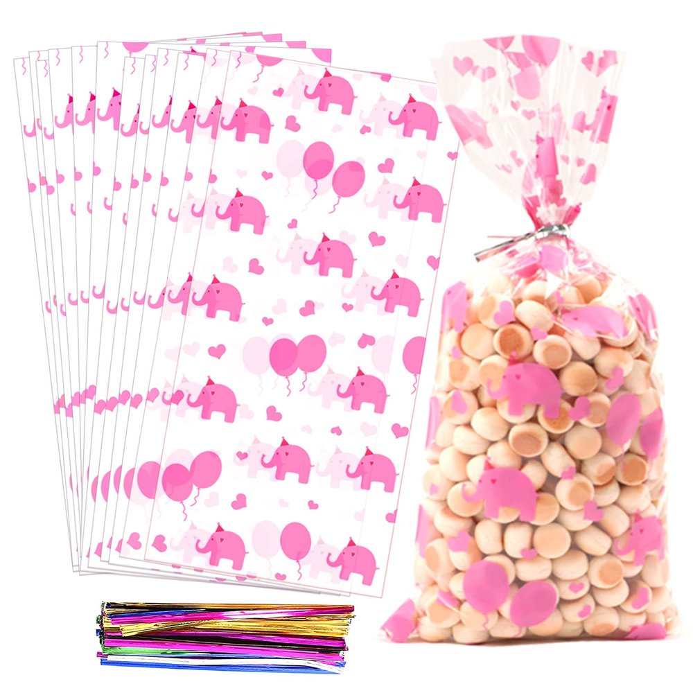 COQOFA 100 Pcs 5"X11" Gift Wrap Cello Cellophane Treat Bags Party Favor bag Clear Candy Cookie Bag Plastic Poly Goodie Storage Bags with Twist Ties for Baby Shower, Birthday, Wedding ,Party Decorations(Pink Elephant)