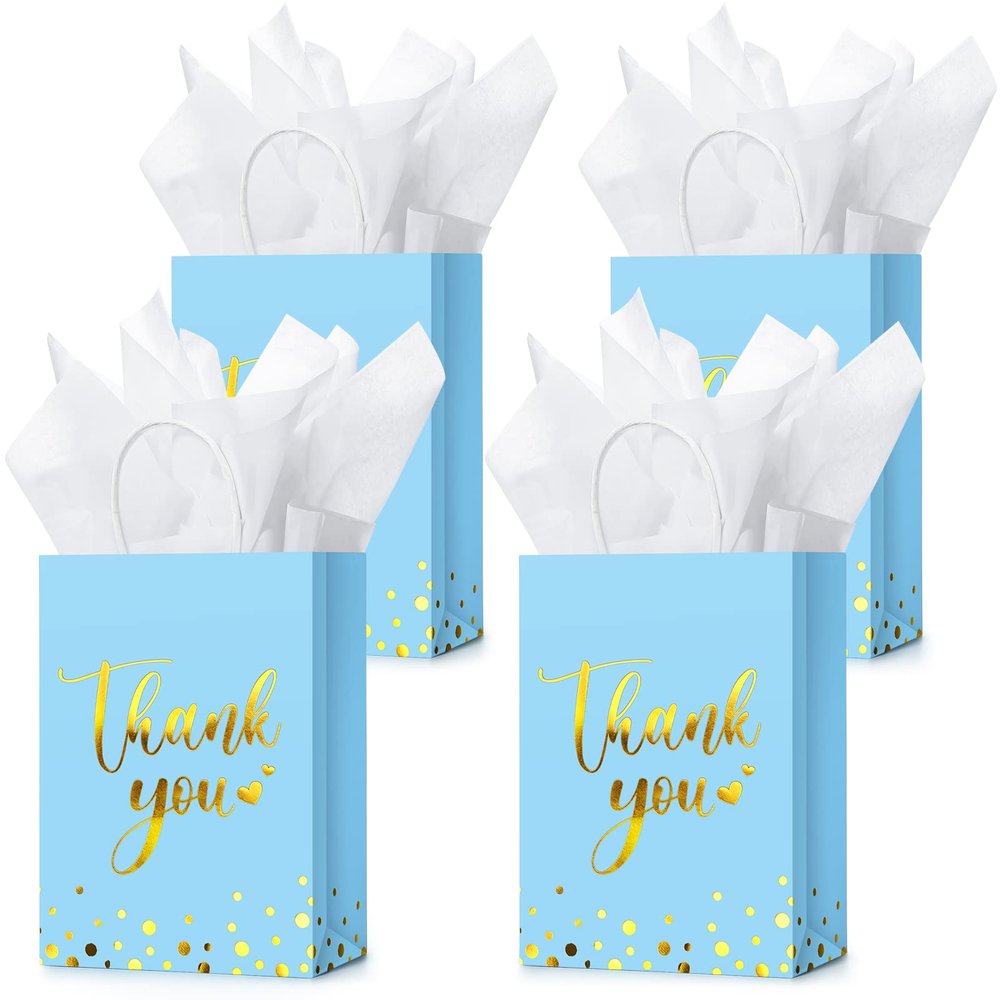 Tinlade 30 Pcs Thank You Gift Bags with Tissue Paper Gold Thank You Wedding Bags with Handle for Graduation Business Shopping Wedding Shower Party Favors(Light Blue)