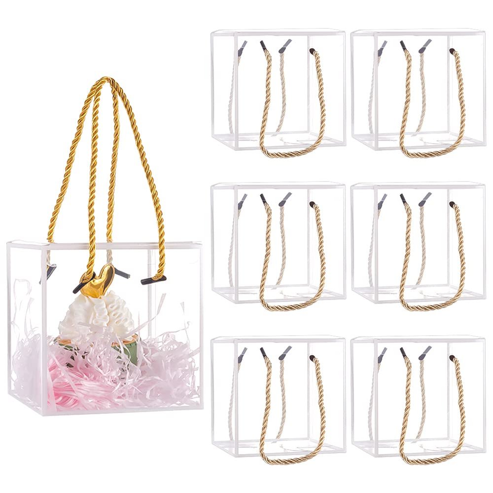 BENECREAT 10 Set Transparent PET Plastic Gift Box, 4.7x4.7x4.7 Square Favor Boxes with White Border Lace and Handle for Candy Chocolate, Party Favors, Holiday Gift Packaging