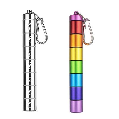 7 Days Rainbow Colour Aluminum Cantainer with Carabiner Stackable Metal ContainerWaterproof Travel Cute Box Holder (1 Rainbow Container and 1 Silver Container