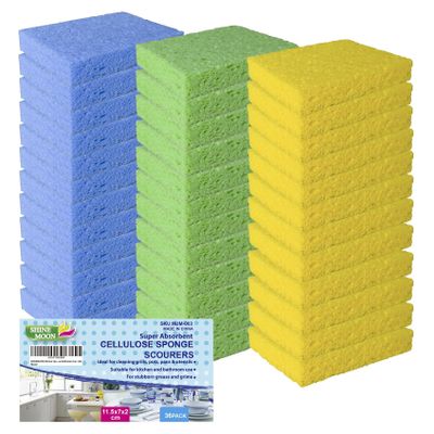 36 Pk Pop-Up Compressed Cellulose Sponges, Heavy Duty Scrub Kitchen Sponge, Clean Tough Messes Without Scratching Eco Friendly Reusable Compostable&Biodegradable 4.6x2.8x0.8Inch