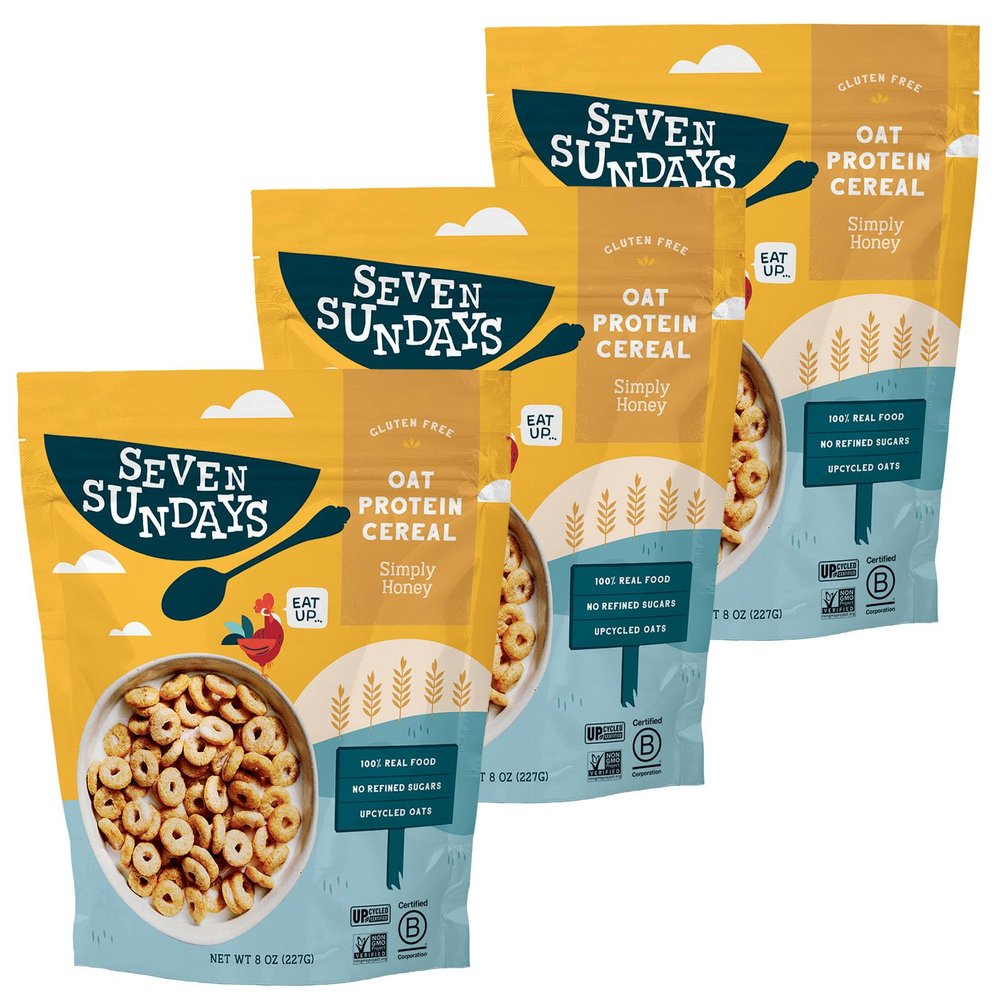 Seven Sundays Cereal, Plant-Based Oat Protein Cereal, 3 Pack (3 8 oz Bags, 24 oz Total) Gluten Free Snack with Less Sugar, 5 Grams of Protein, Crunchy Sweet Snack, Simply Honey, Amazon Exclusive