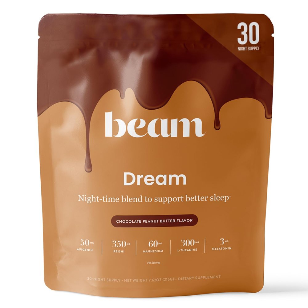Beam Dream Sleep Powder Chocolate PB, L-Theanine, Apigenin, Reishi & Magnesium, Third Party Tested Natural Sleep Aid & Sleep Supplement, Health and Wellness Gift, Natural Sleep Support, 30 Servings