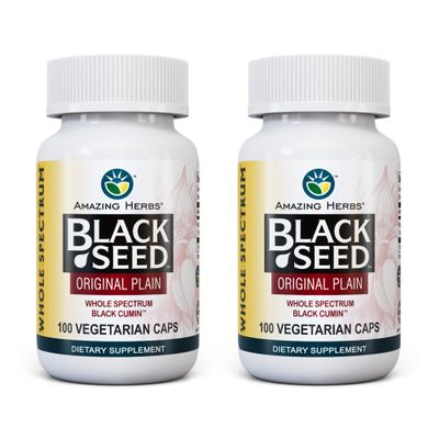 Amazing Herbs Whole Spectrum Black Seed Original Plain, Vegetarian Capsules - Gluten Free, Non GMO, Cold Pressed Nigella Sativa Aids in Digestive Health - 100 Count, 475mg (2-Pack)