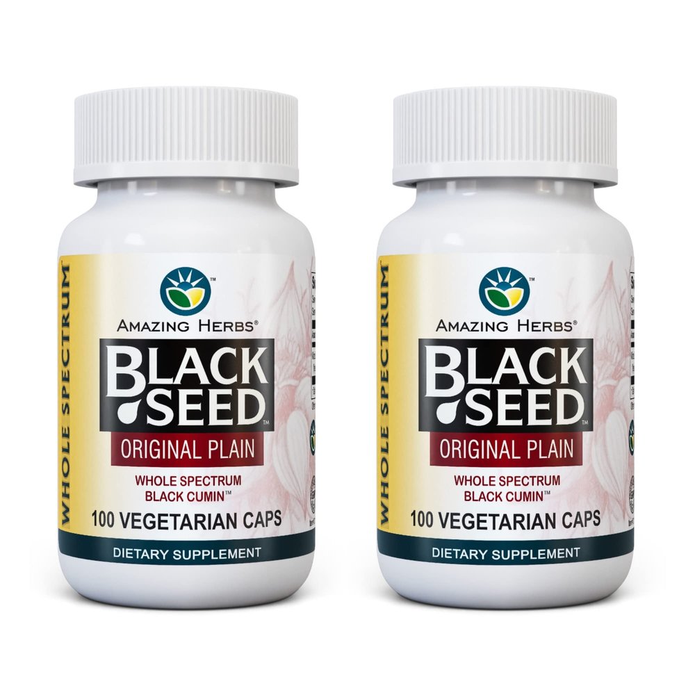 Amazing Herbs Whole Spectrum Black Seed Original Plain, Vegetarian Capsules - Gluten Free, Non GMO, Cold Pressed Nigella Sativa Aids in Digestive Health - 100 Count, 475mg (2-Pack)
