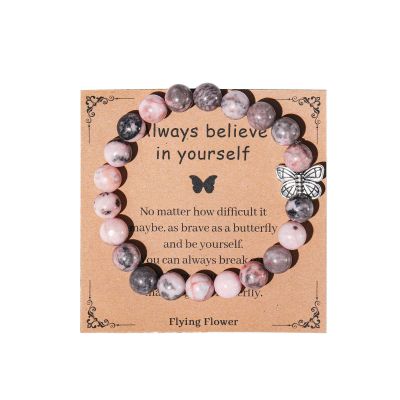 Caiyao Natural Stone Tiger Eye Bead Love Heart Butterfly Pendant Bracelet with Inspirational Card Elastic Crystal Insect Animal Bracelet for Women Men Meditation Jewlery Gift-F bu-1
