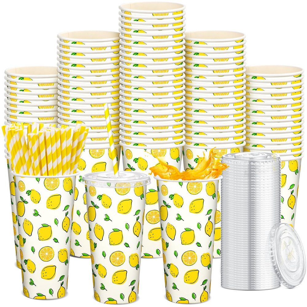 150 Pieces/50 Sets Lemonade Cups with Lids and Paper Straws 24oz Disposable Iced Coffee Paper Cup Summer Citrus Cold Cups for Lemonade Stand Supplies Fruit Party Beverages Drinks Juices