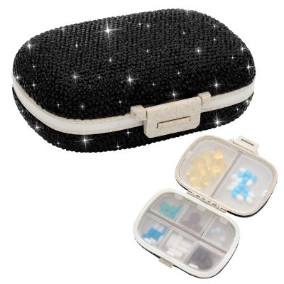 Soleebee Portable 8 Compartments Daily Pill Organizer, Bling Crystal Diamond Pill Box, Small Travel Pill Case, Pill Dispenser, Medicine Container Organizer to Hold Vitamin, Fish Oil (Black)