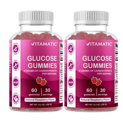Vitamatic Glucose chewable Gummies - 60 Count - Natural Raspberry Flavor - 4G of Carbohydrate per Serving (2 Bottles)