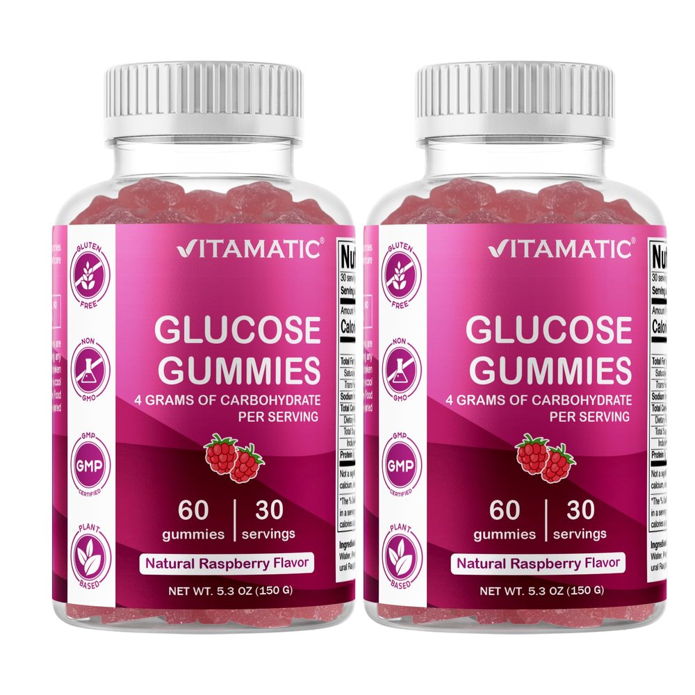 Vitamatic Glucose chewable Gummies - 60 Count - Natural Raspberry Flavor - 4G of Carbohydrate per Serving (2 Bottles)
